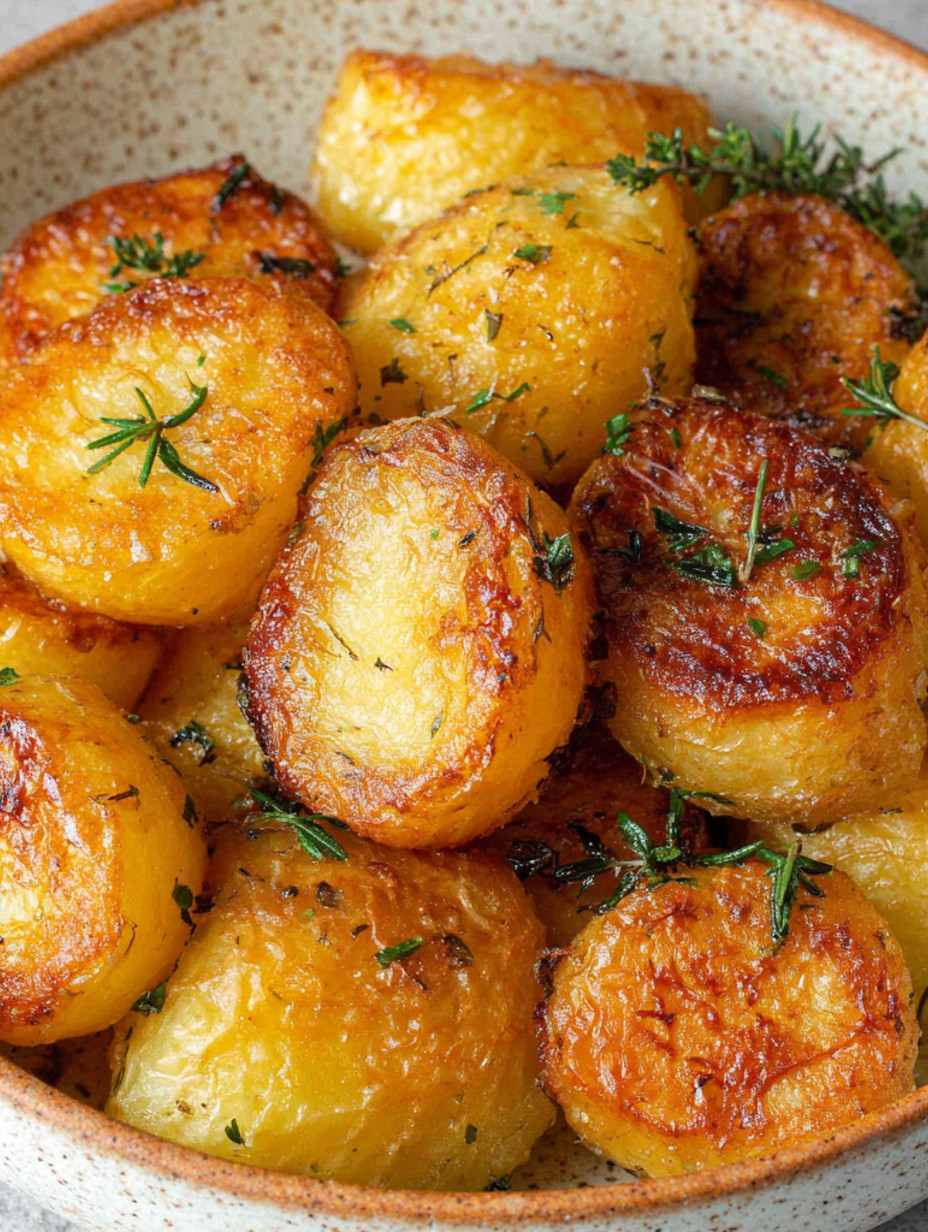 Roasted potatoes with garlic and duck fat.