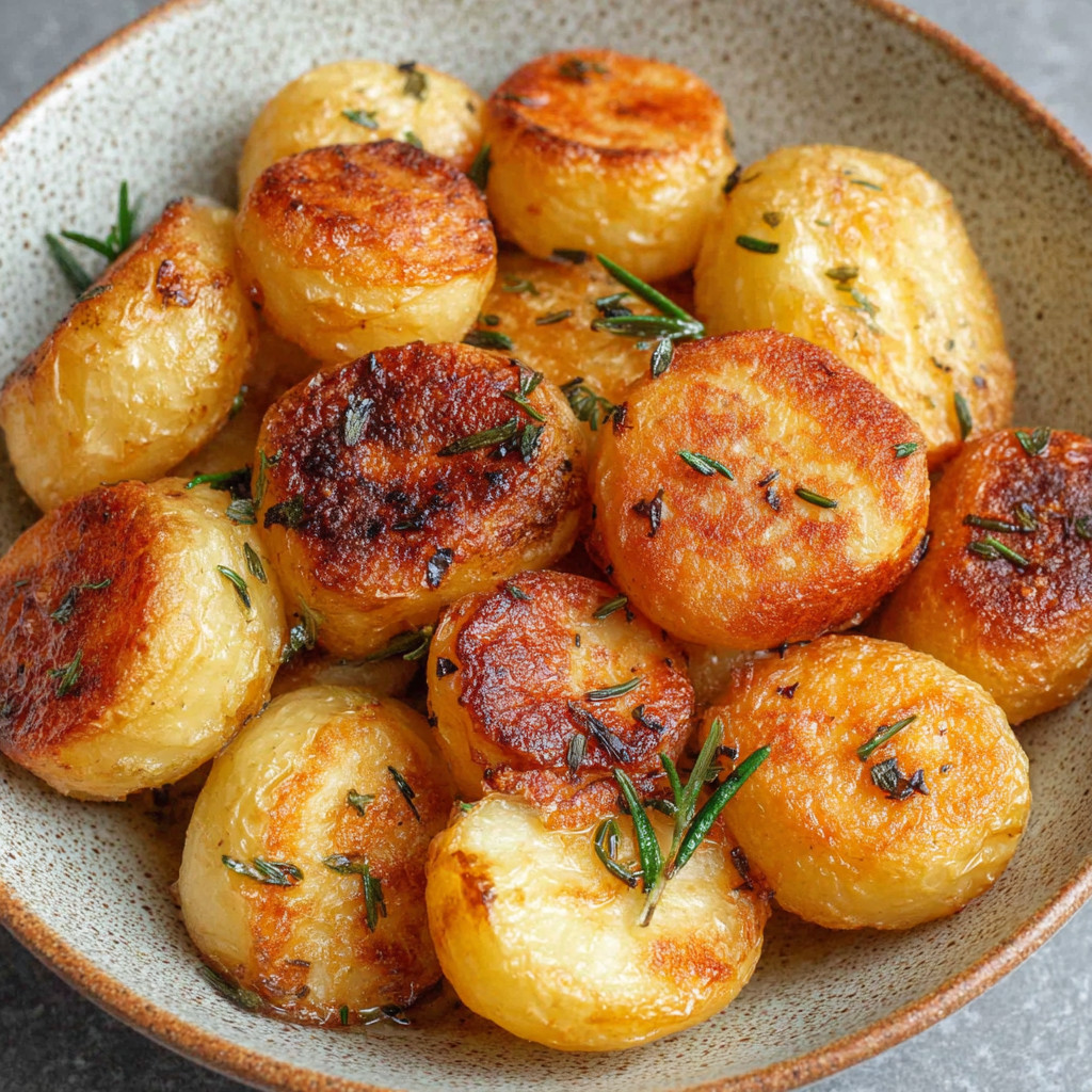 A bowl of roasted potatoes with garlic and duck fat.