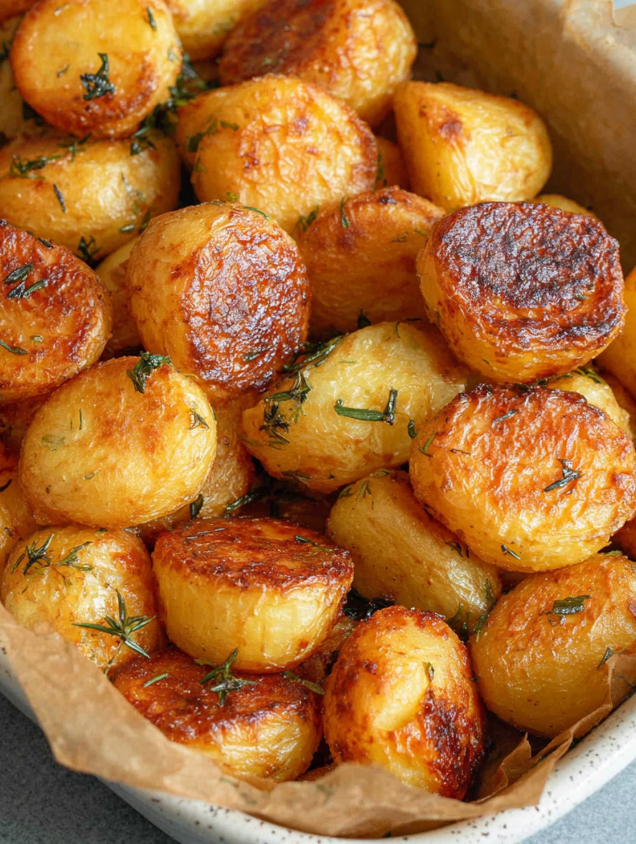 Roasted potatoes with garlic and duck fat.