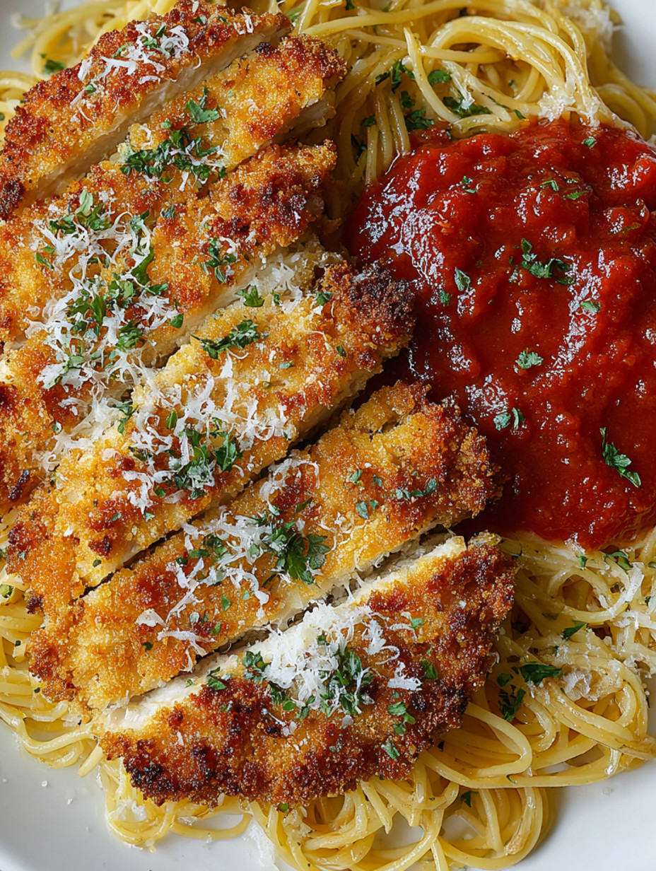 A plate of crusted chicken with tomato sauce.