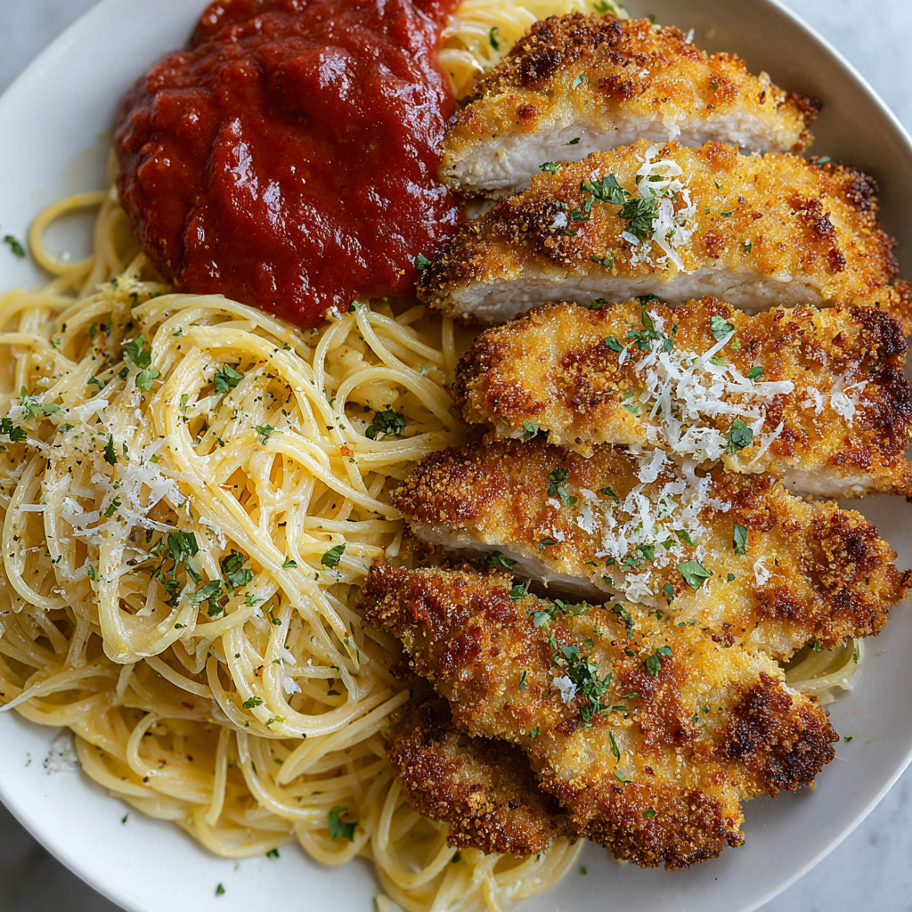 A plate of food with chicken and pasta.