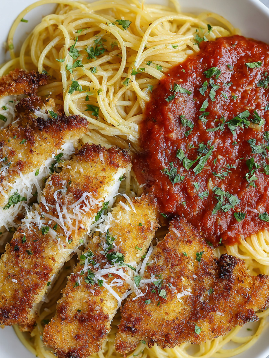 A plate of crusted chicken with pasta and tomato sauce.