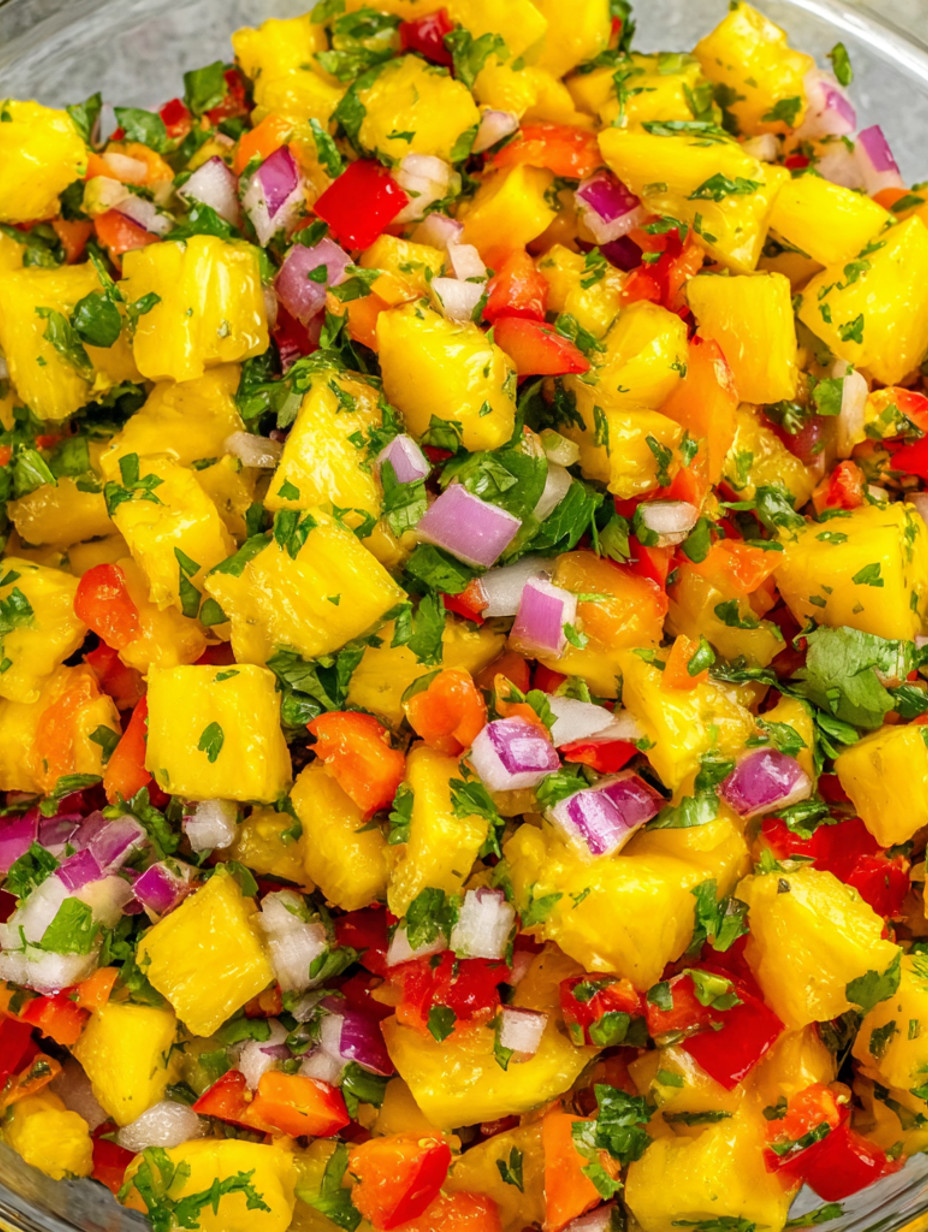 A close up of a pineapple mango salsa.
