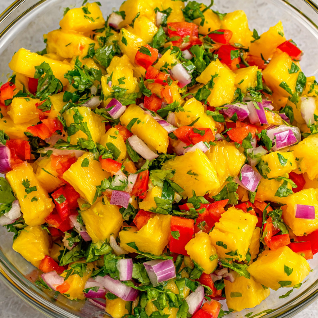 A bowl of pineapple mango salsa.