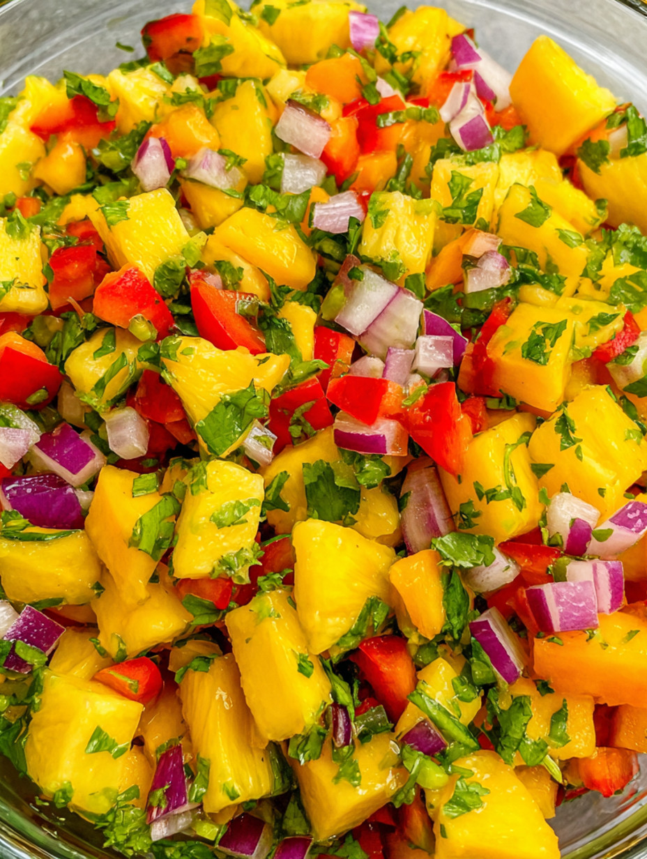 A close up of a pineapple mango salsa.