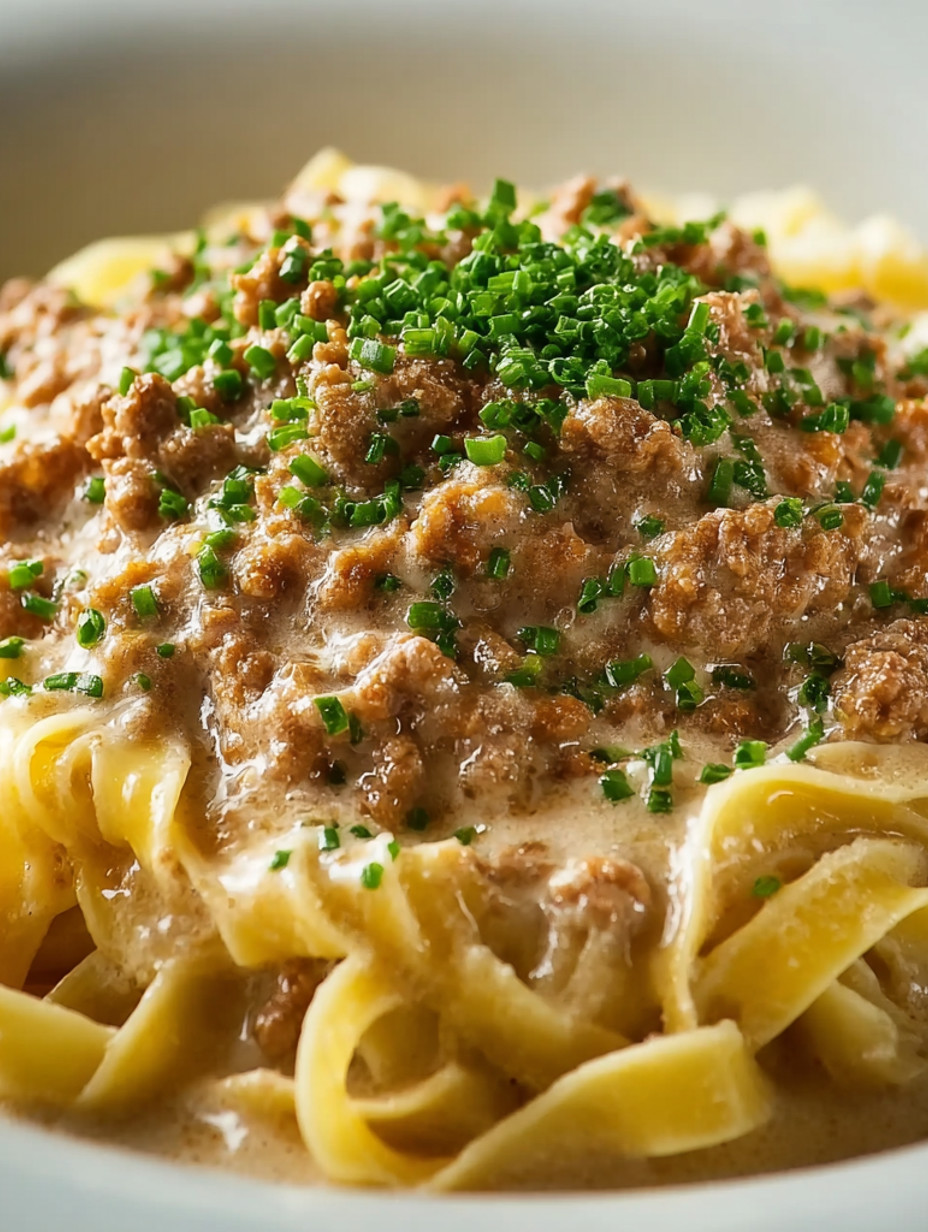 A plate of pasta with a rich white bolognese sauce.