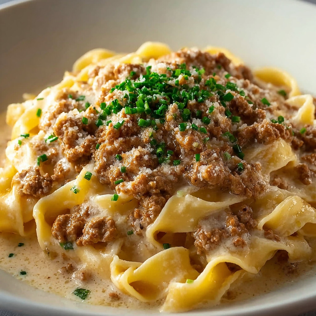 A bowl of pasta with a rich white bolognese sauce.