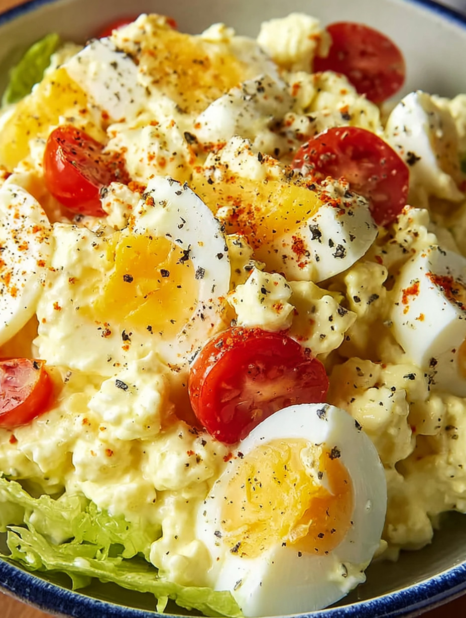 A plate of cottage cheese egg salad with tomatoes.