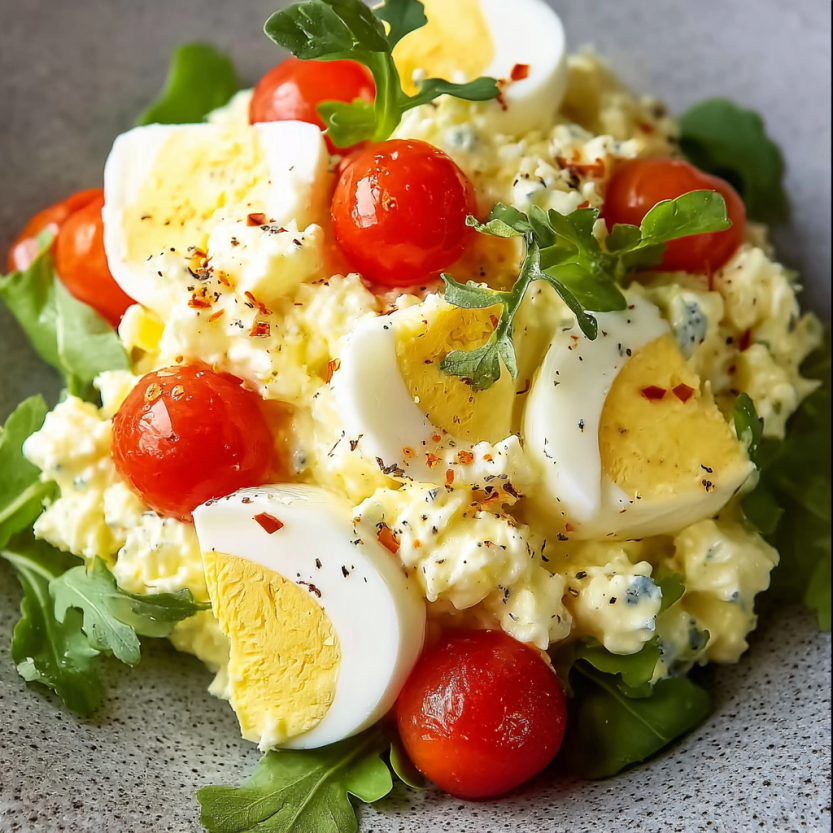 A plate of cottage cheese egg salad with tomatoes.