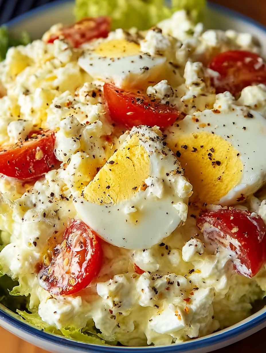 A dish of cottage cheese egg salad.