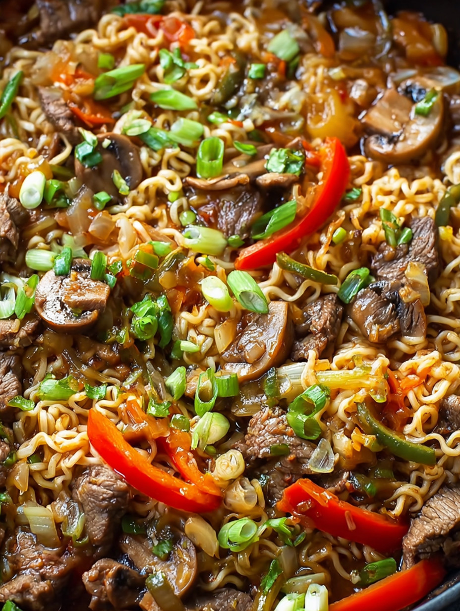 A plate of beef ramen noodles with mushrooms and peppers.