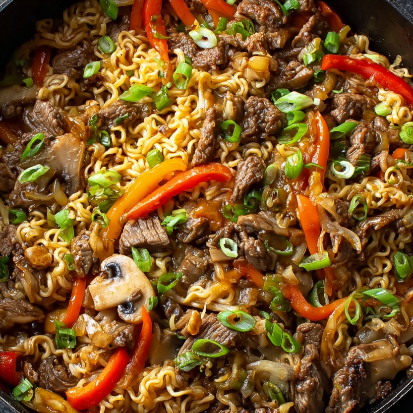 A bowl of beef ramen noodles.