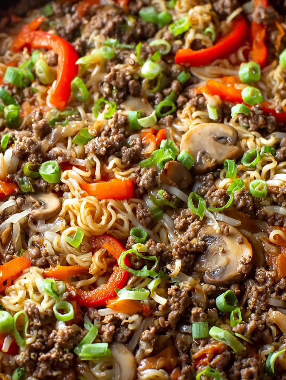 A close up of a plate of beef ramen noodles.