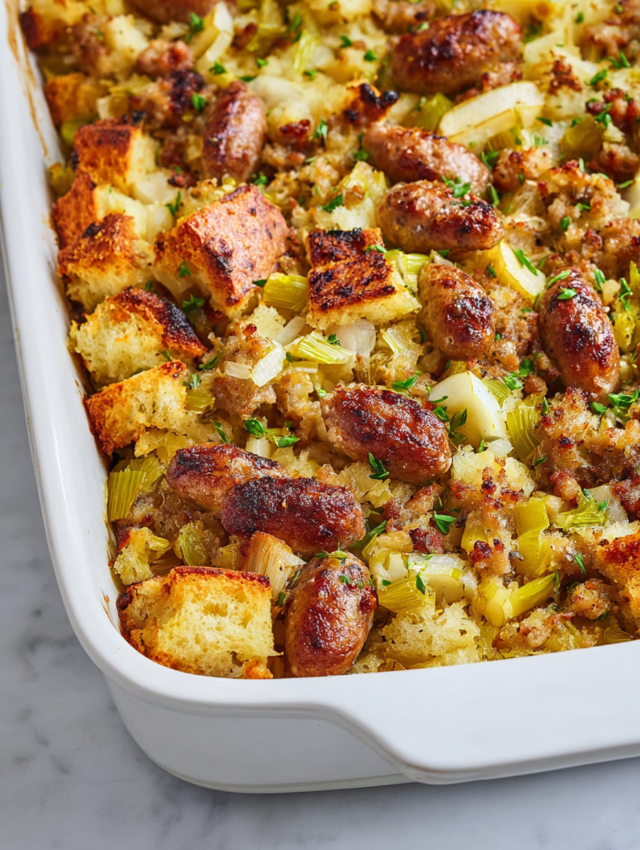 A dish of sausage stuffing with bread and vegetables.
