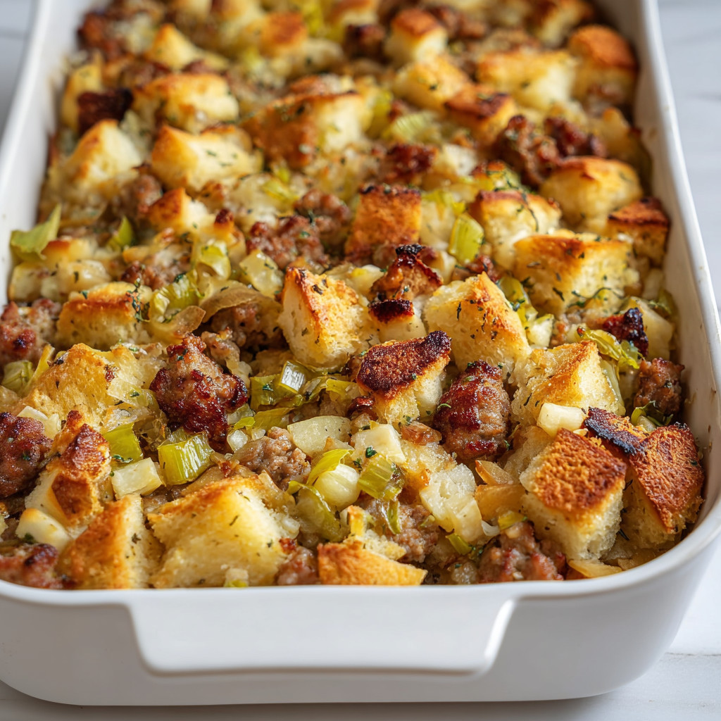 A white bowl filled with sausage stuffing.