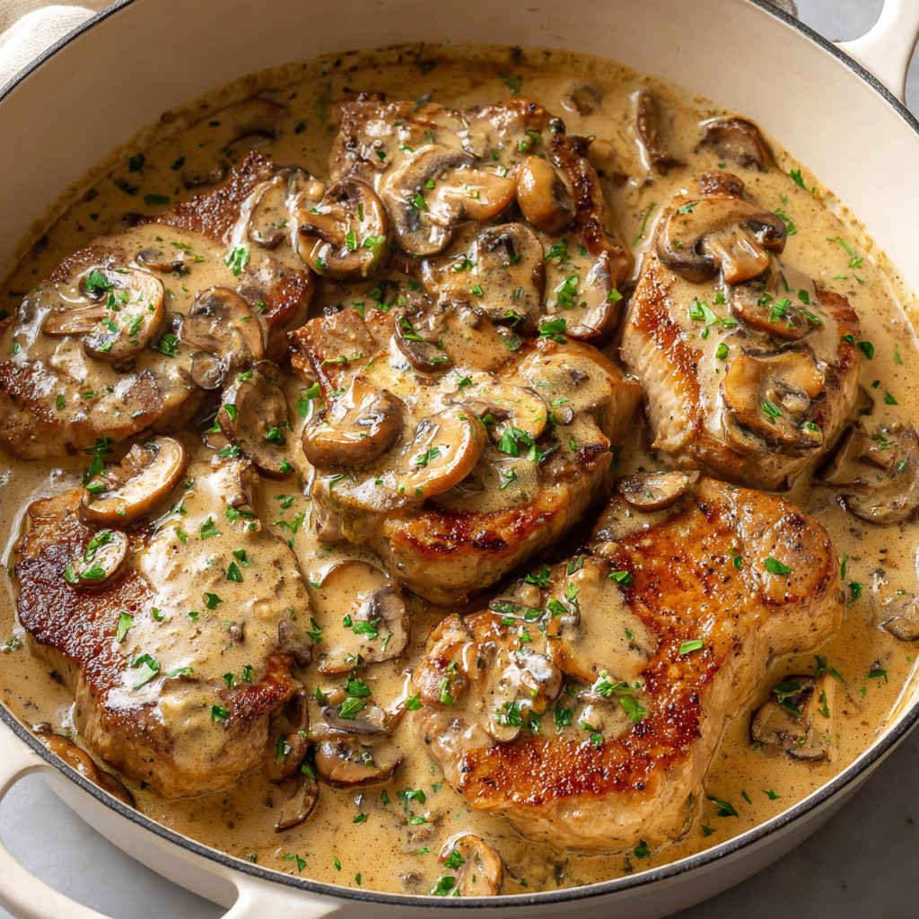A dish of mushroom pork chops.