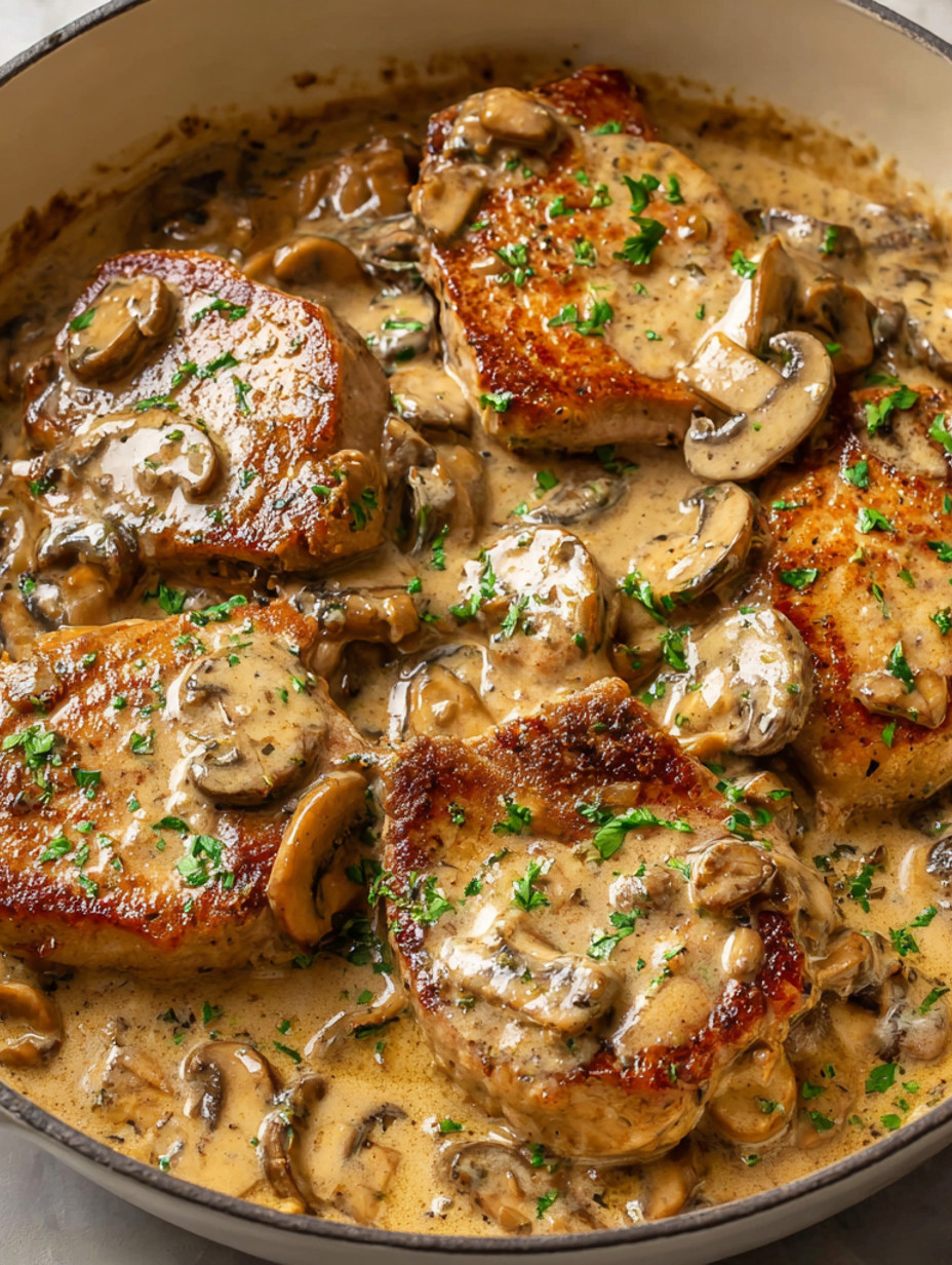 Mushroom pork chops in a brown sauce.