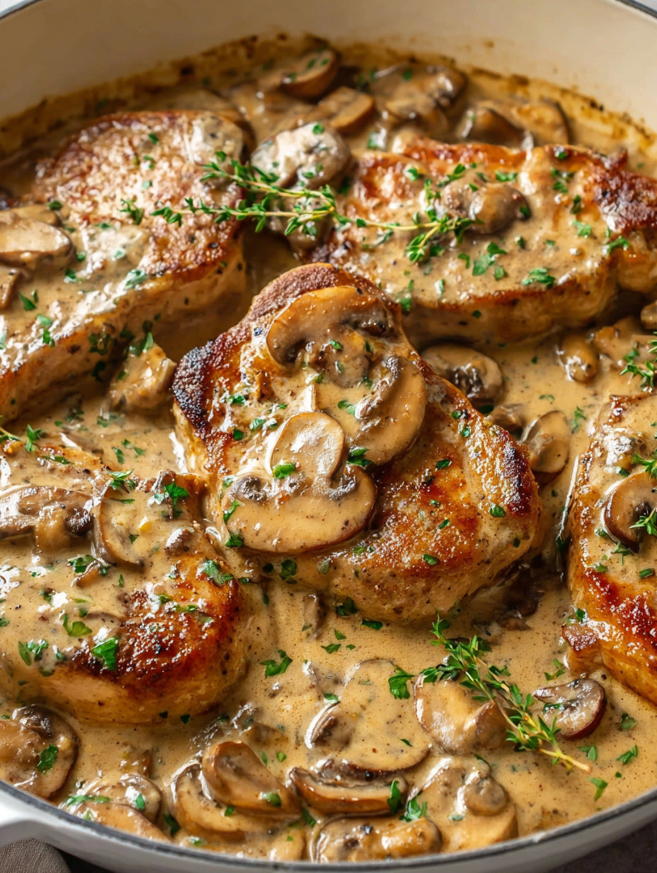 Mushroom pork chops in a brown sauce.
