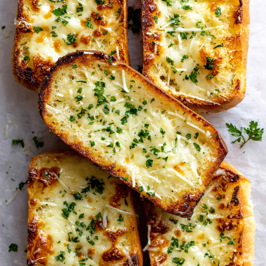Four slices of garlic bread with cheese.