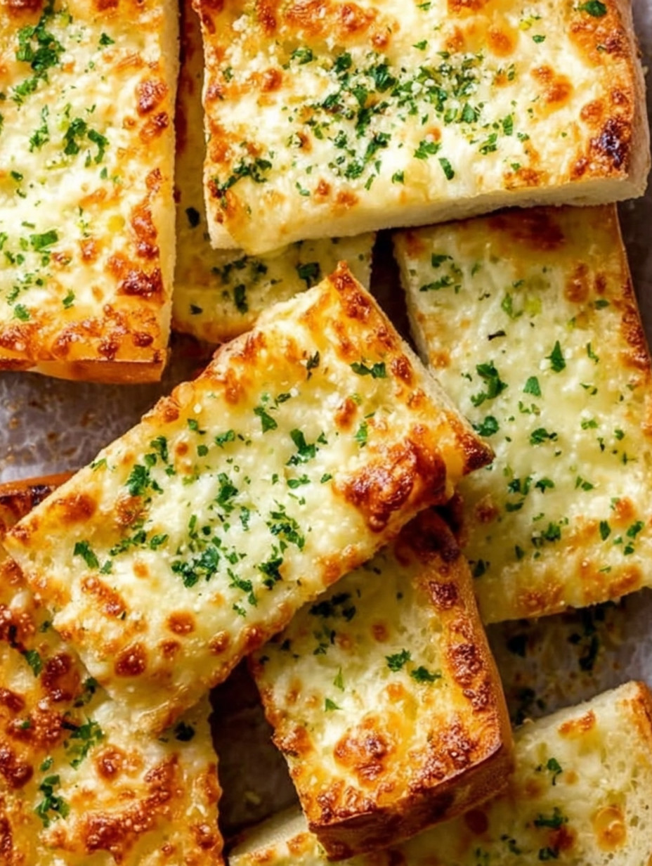 Slices of garlic bread with cheese on a plate.