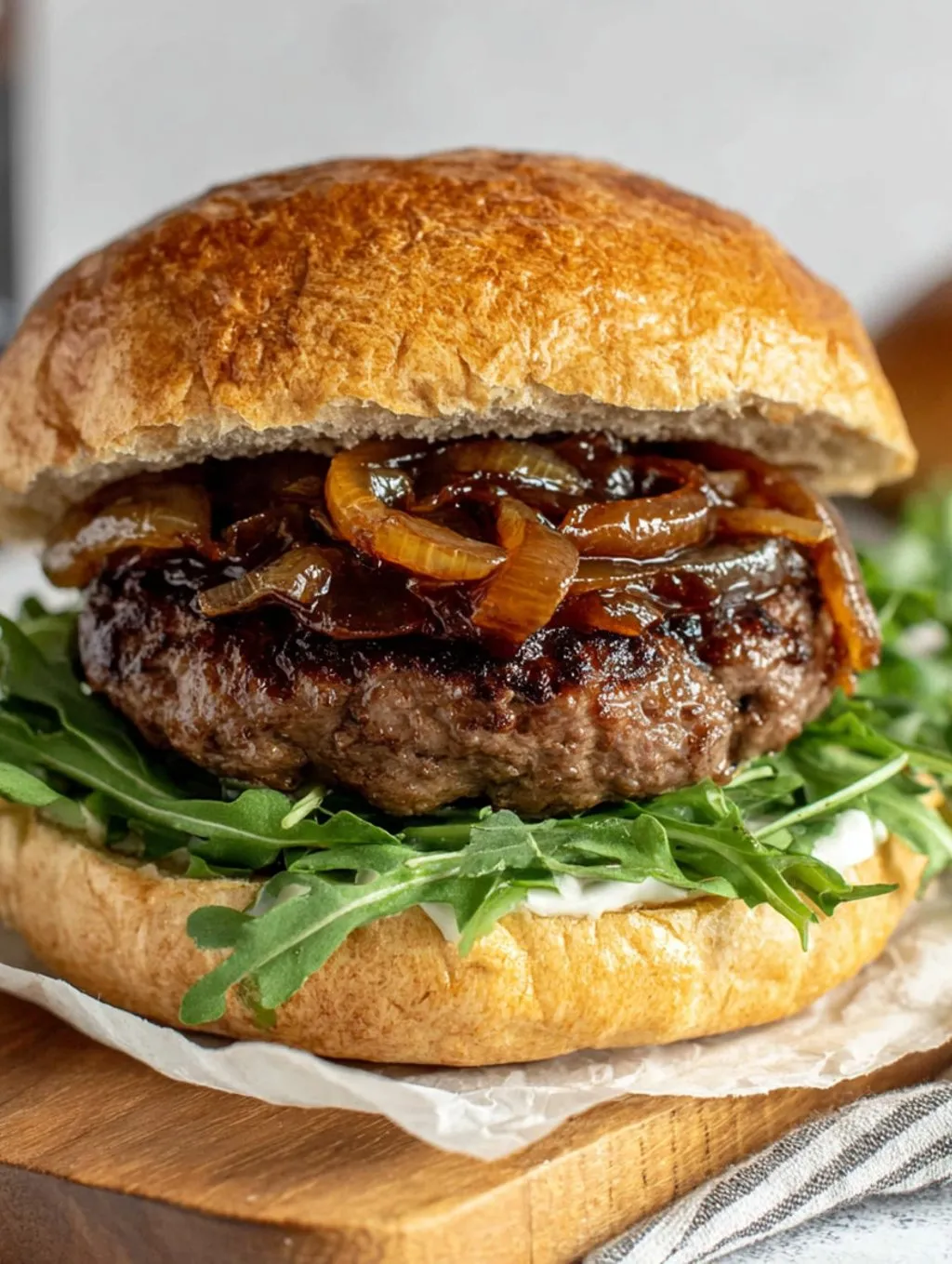 A burger with onions and balsamic sauce.