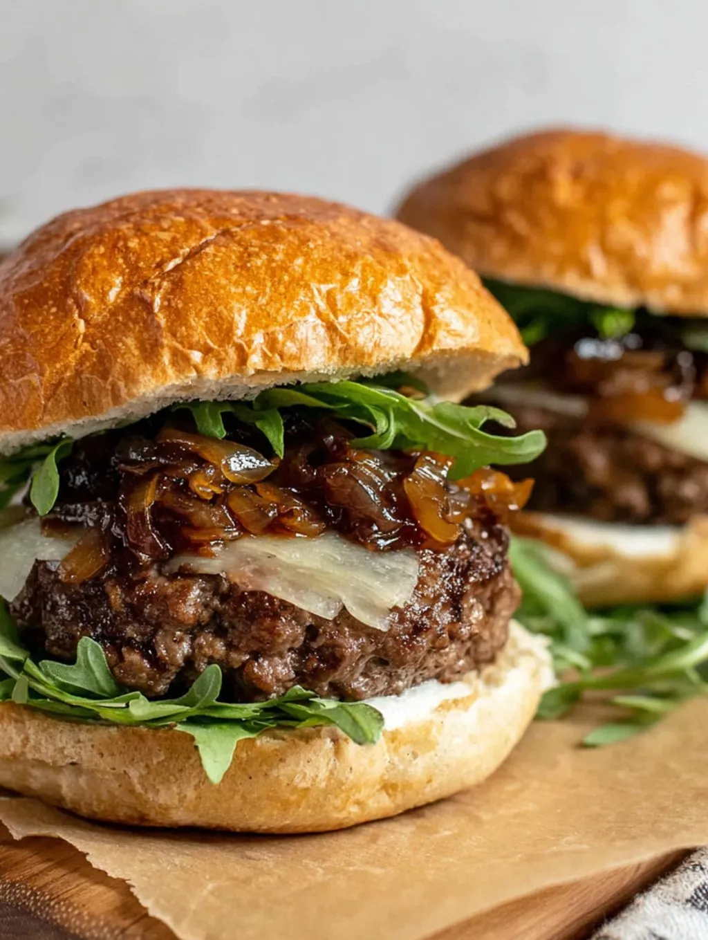Two burgers with onions and cheese.