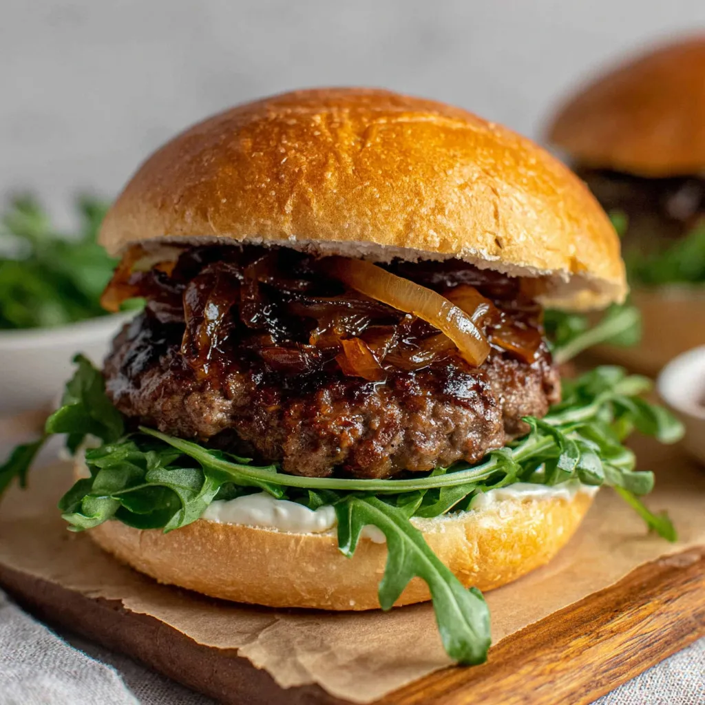 A burger with onions and balsamic sauce.
