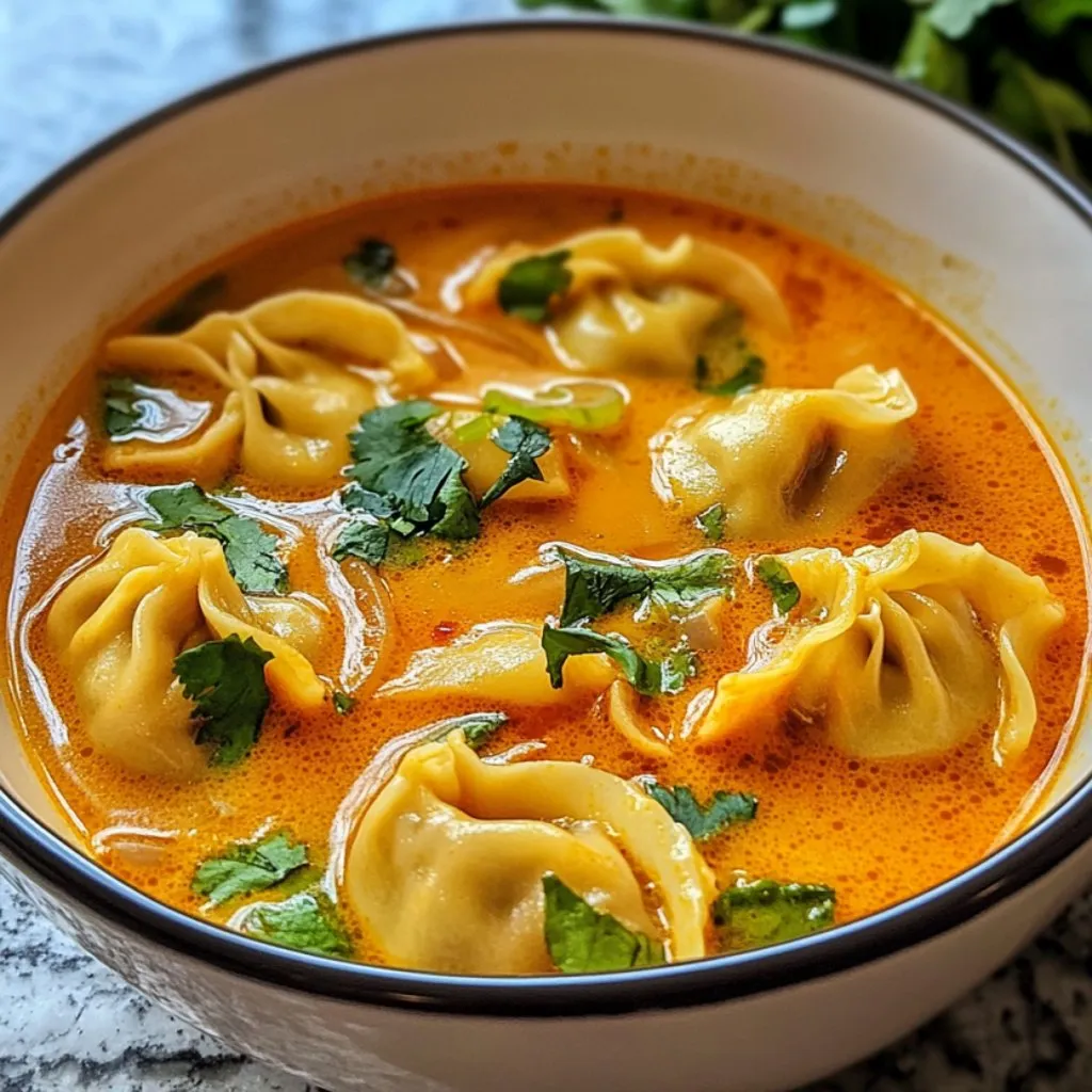 A bowl of Thai red curry dumpling soup.