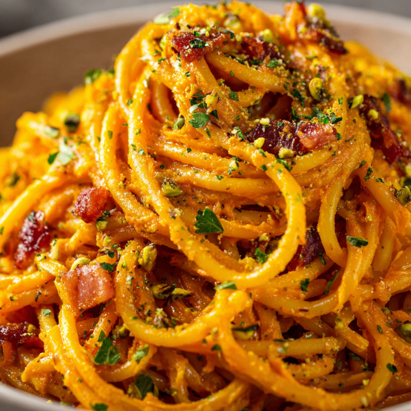 A bowl of creamy harissa pasta.