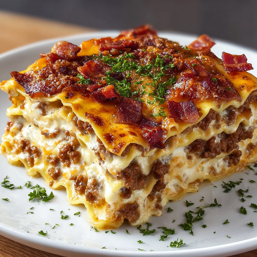 A plate of Parmesan Garlic Bacon Lasagna.