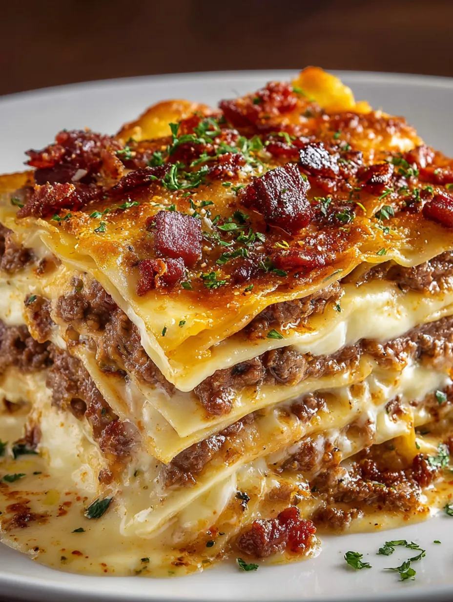A stack of Parmesan Garlic Bacon Lasagna.