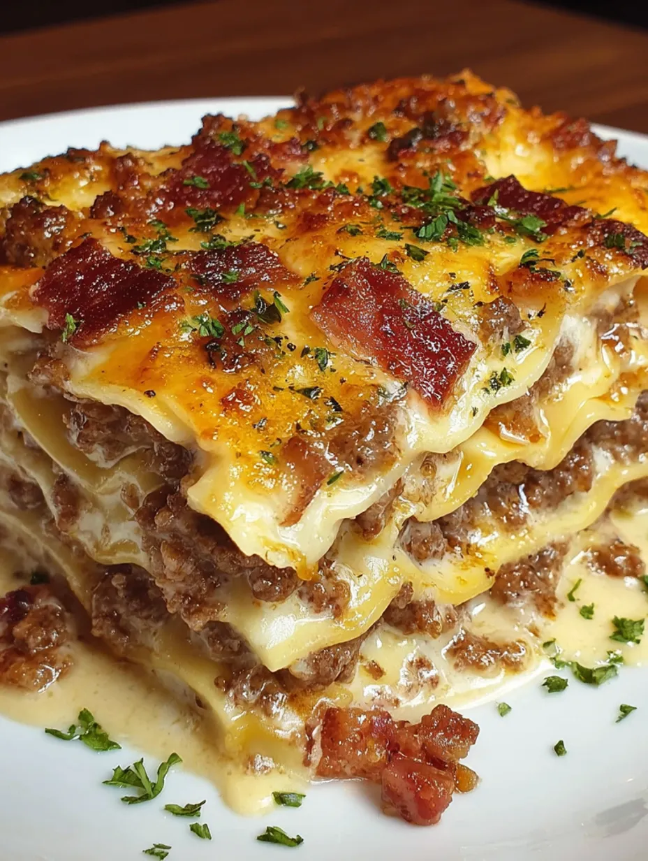 A stack of Parmesan Garlic Bacon Lasagna.