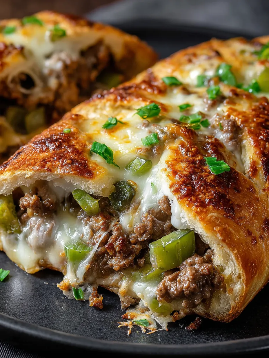 A close up of a delicious Philly Cheesesteak Stromboli.