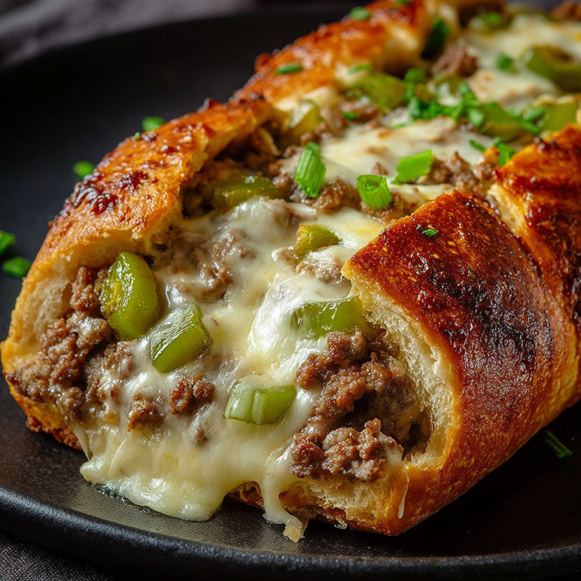 A slice of a Philly Cheesesteak Stromboli.