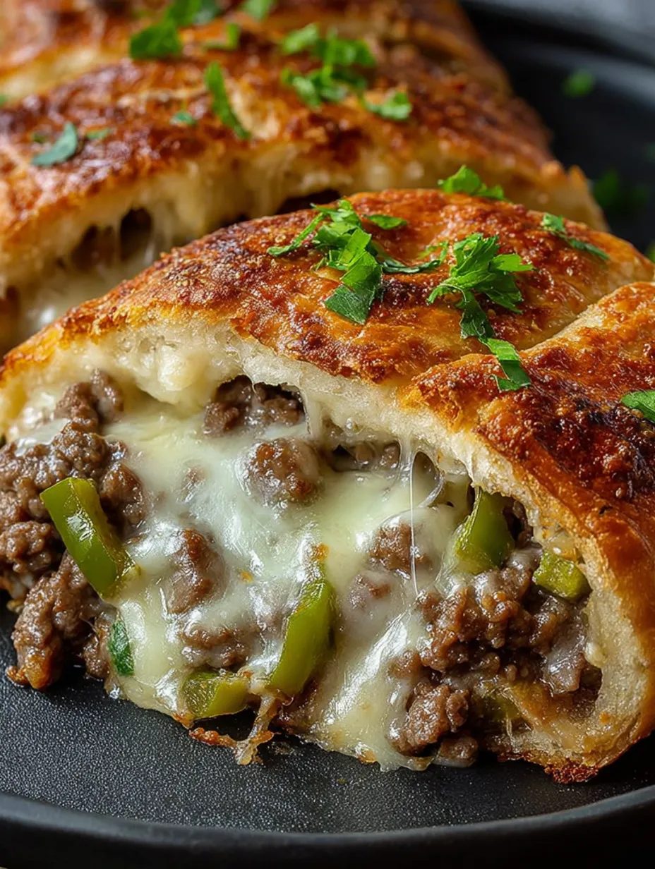 A close up of a Philly Cheesesteak Stromboli.