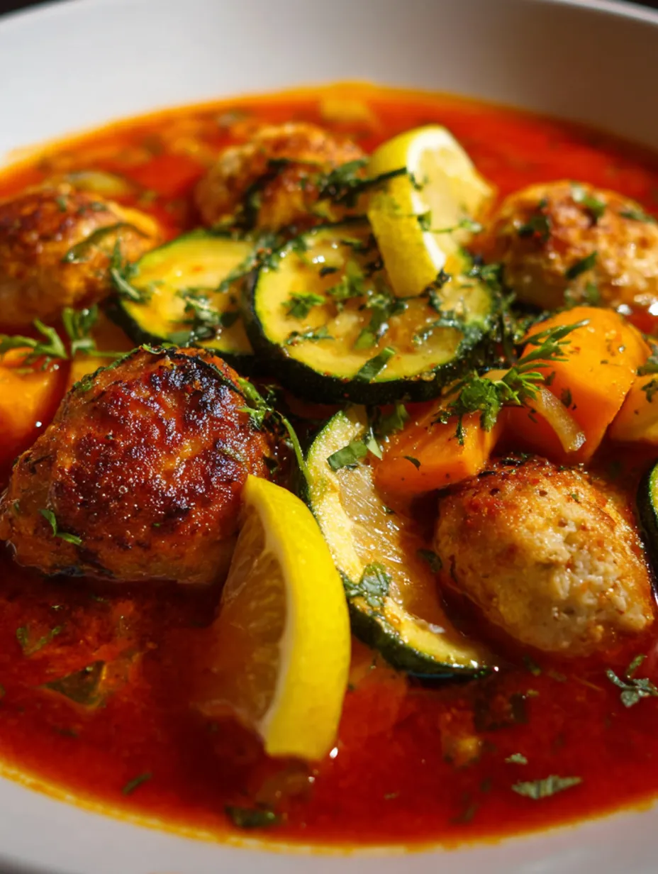 A bowl of tomato fish soup with meatballs and vegetables.