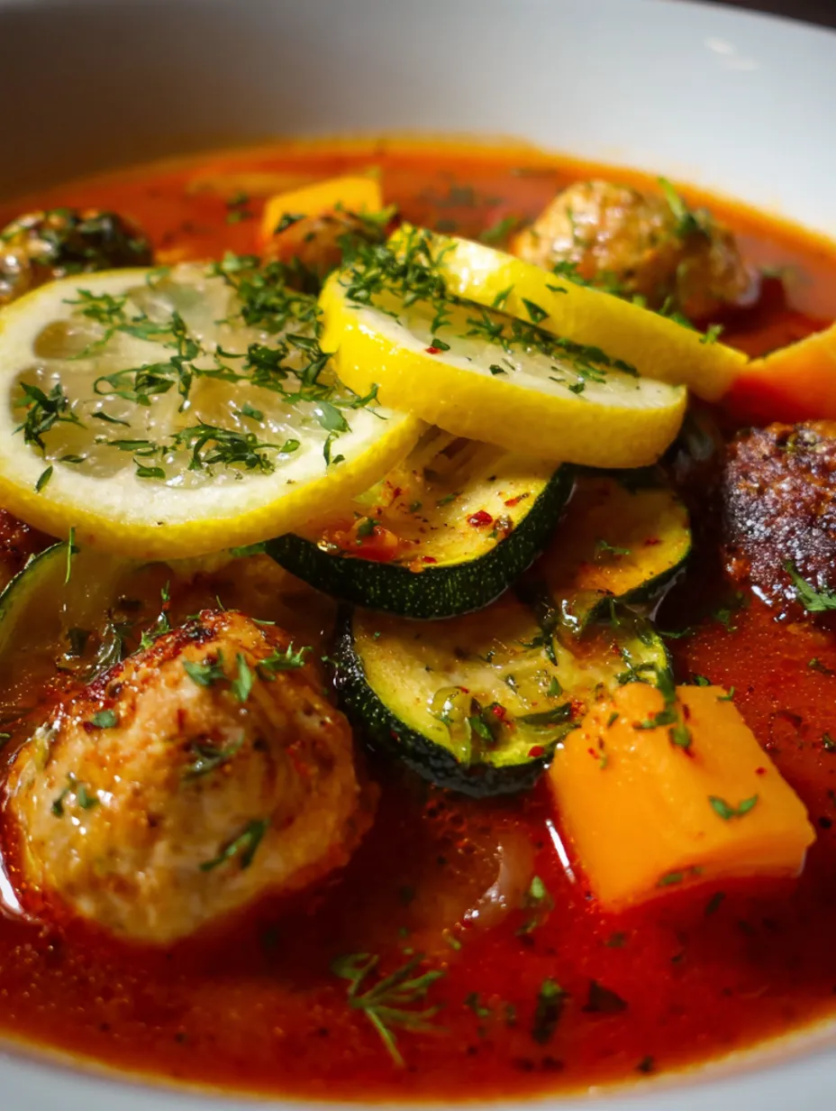 A bowl of tomato fish soup with a lemon slice on top.