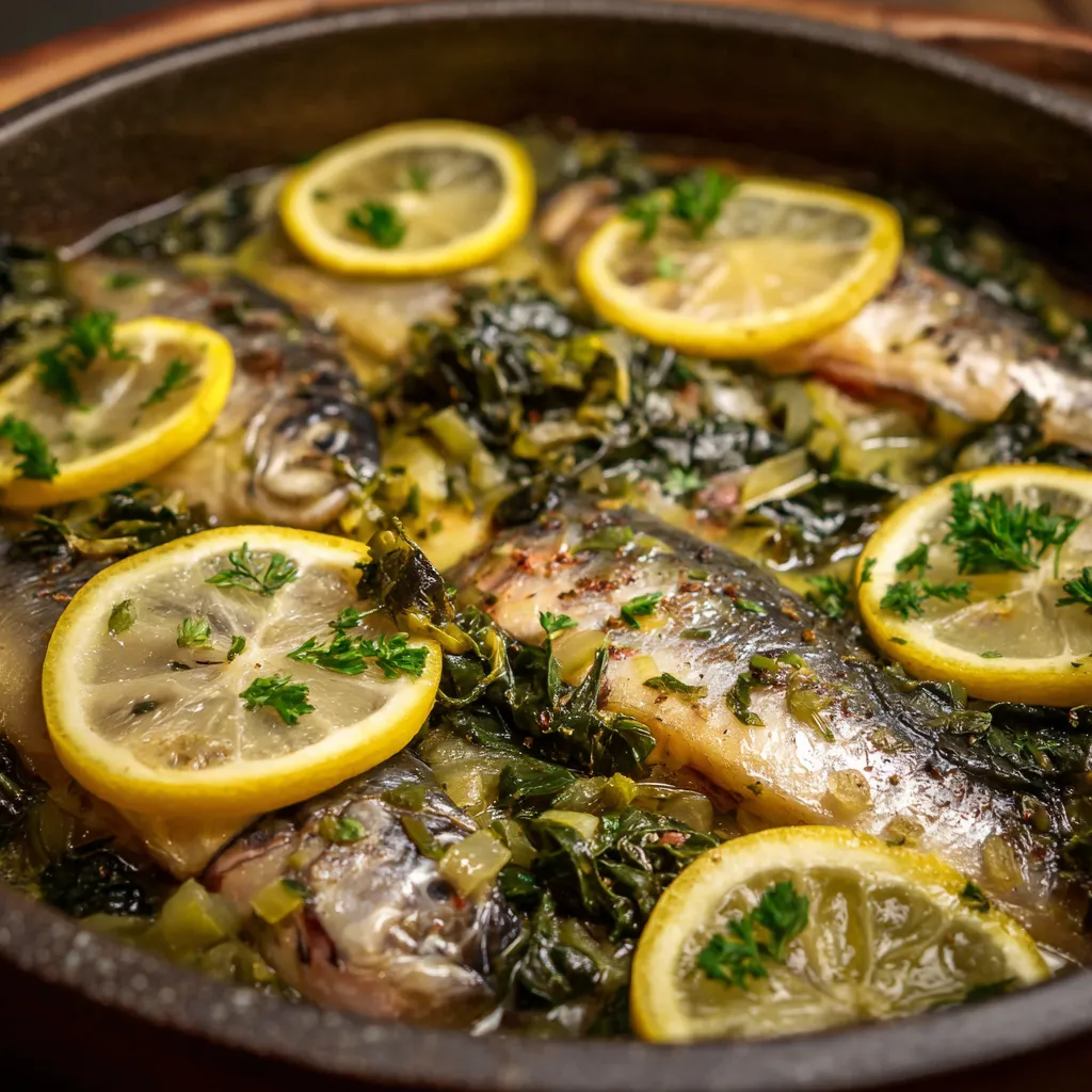 A dish of baked fish with leek and spinach sauce.