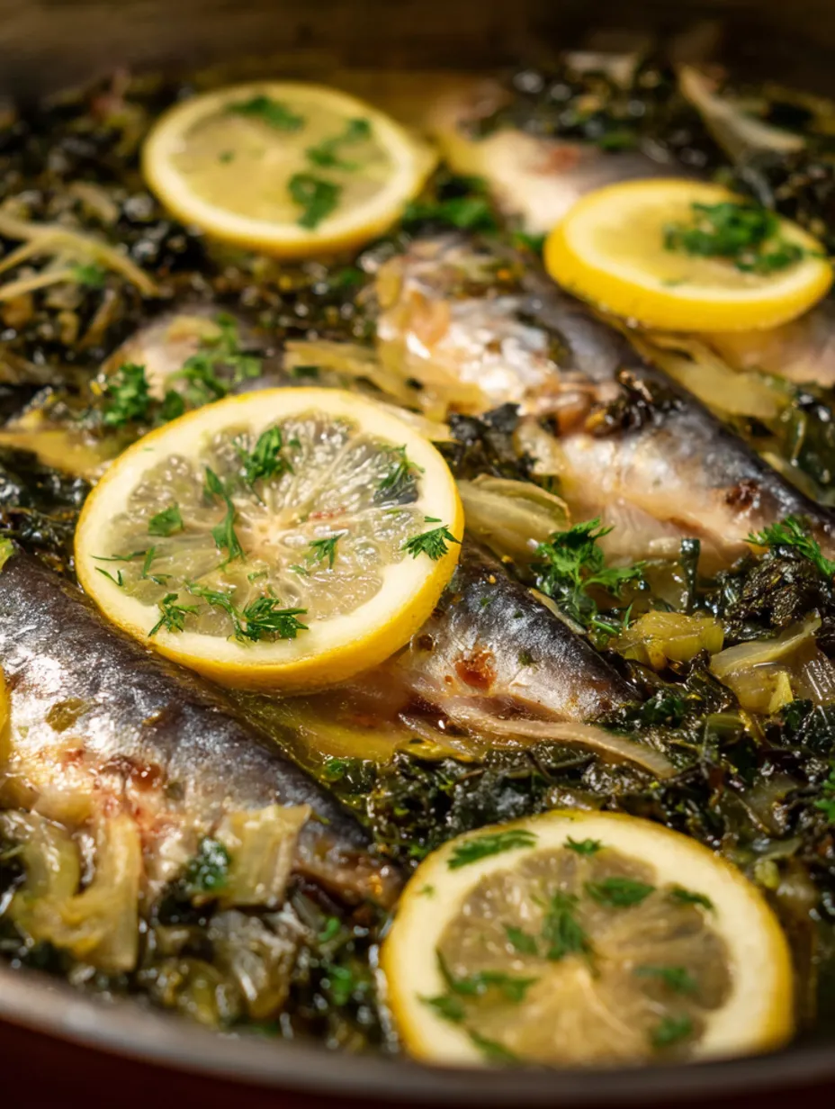 Baked Grass Carp with Leek and Spinach Sauce.