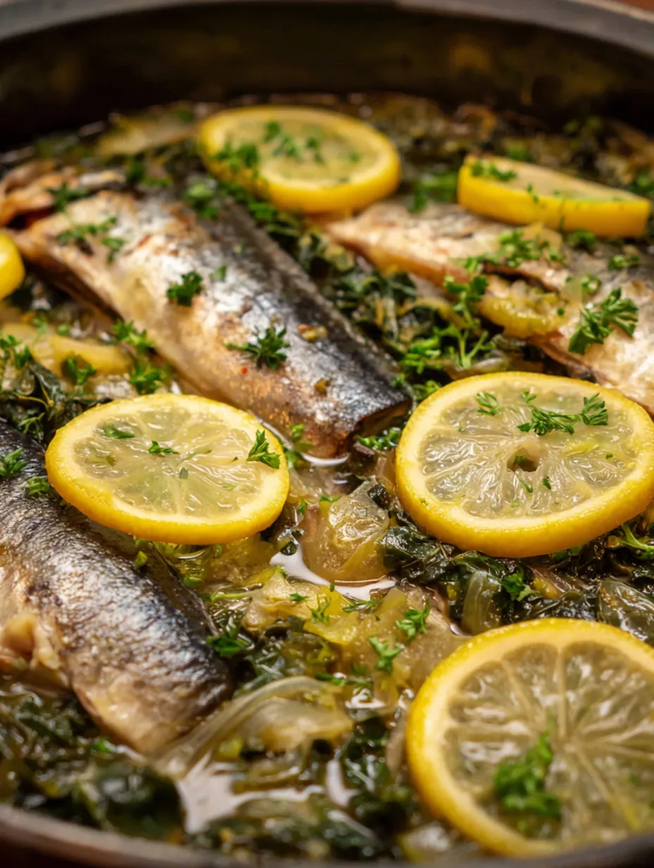 A dish of baked fish with leek and spinach sauce.
