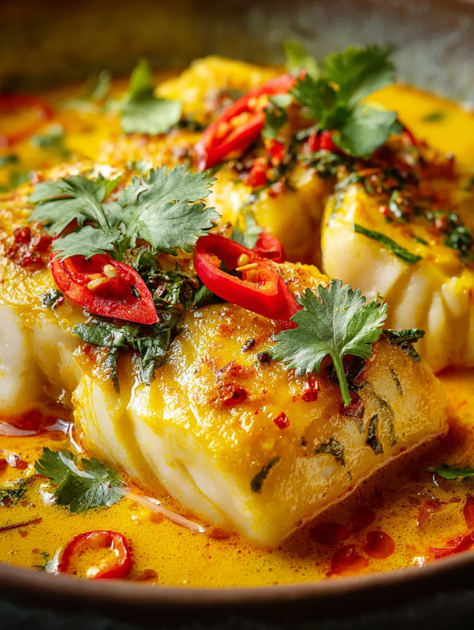 A dish of baked cod with a coconut curry sauce.