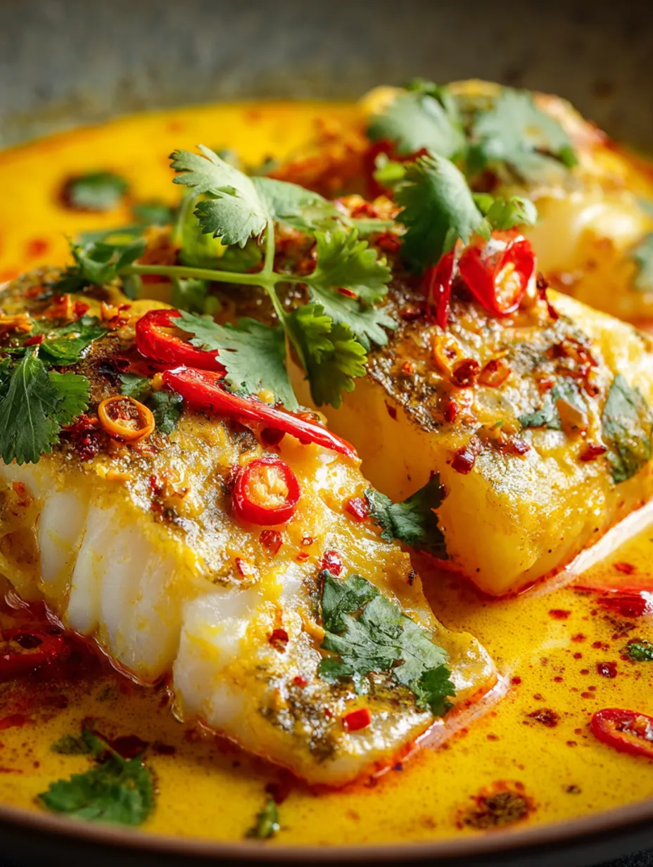 A dish of baked cod with a coconut curry sauce.