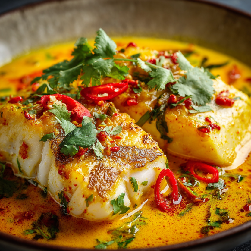 A bowl of fish with red peppers and herbs.