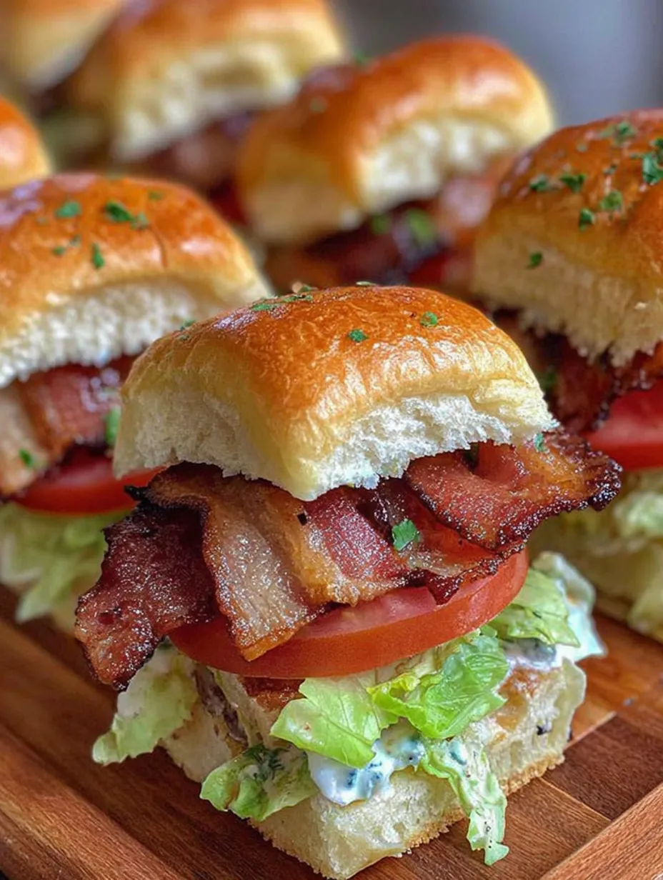 Bacon BLT sliders on a wooden tray.