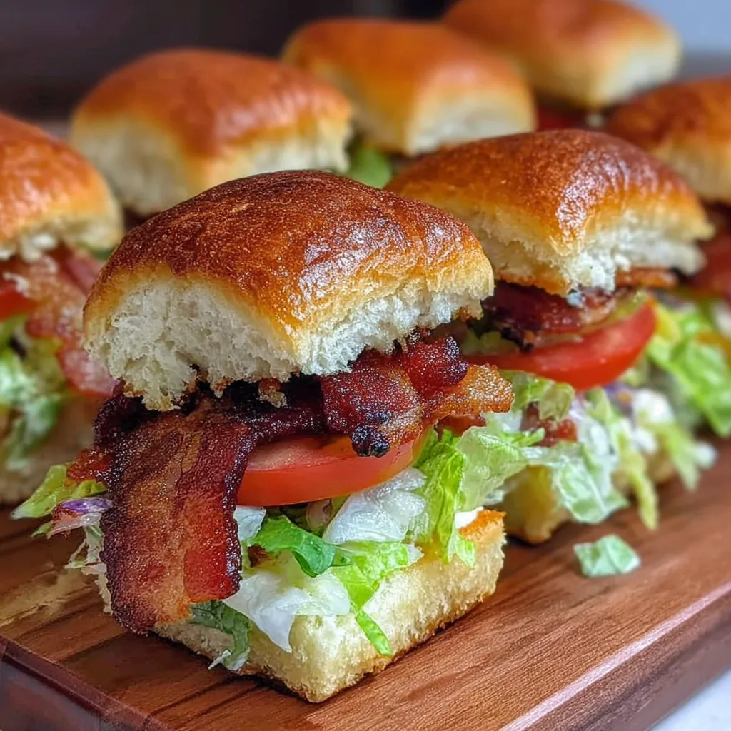Bacon BLT sliders on a wooden platter.