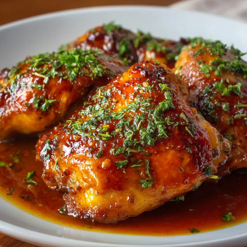 A plate of chicken with a sauce on it.