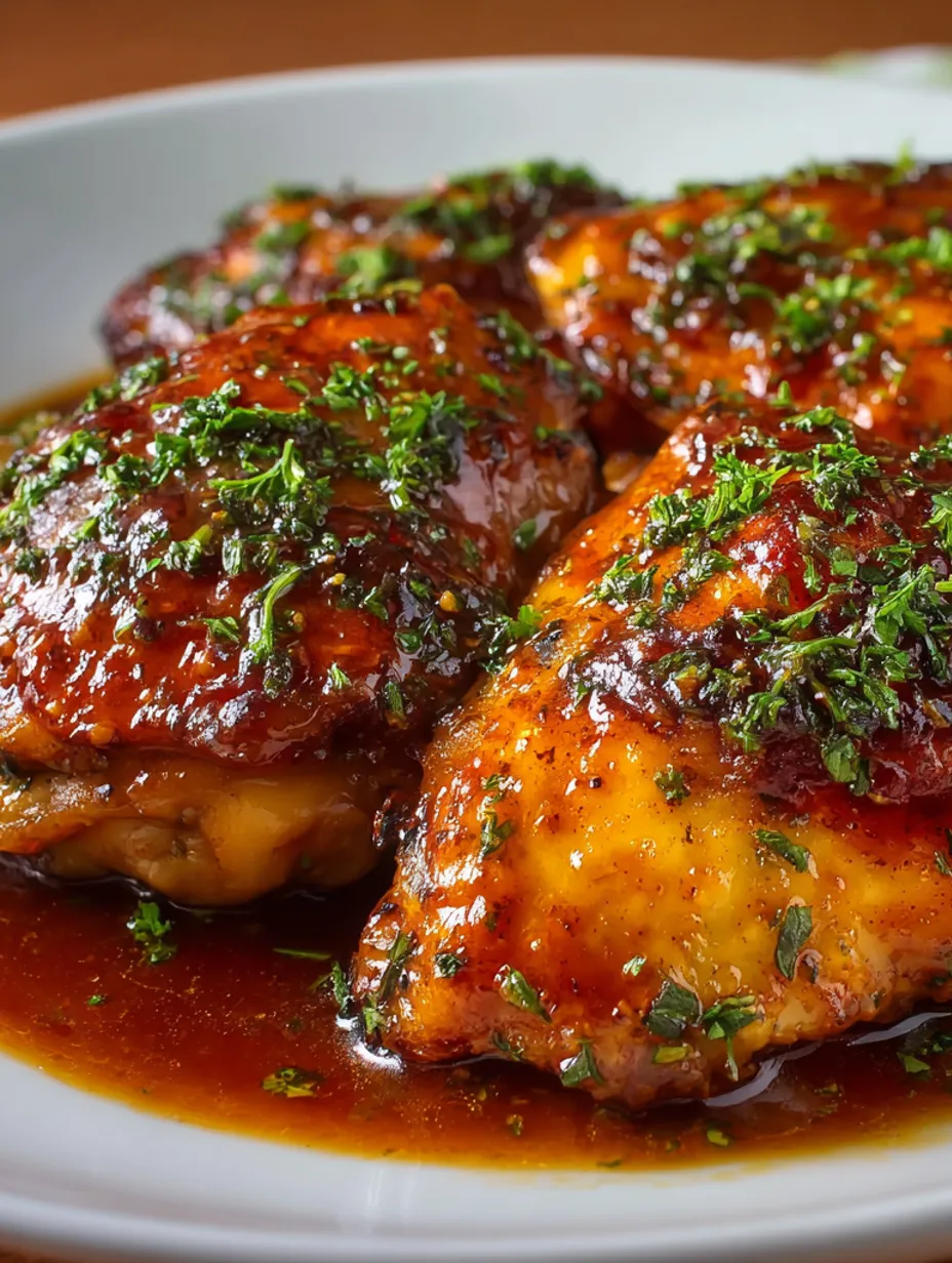 Chicken with sauce and herbs.
