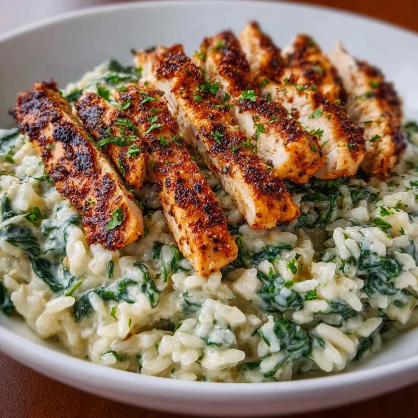 A plate of food with chicken and spinach.