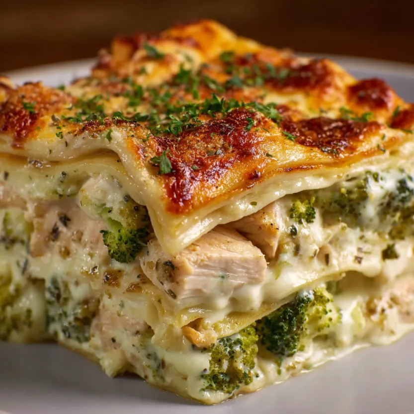 A plate of chicken and broccoli lasagna.