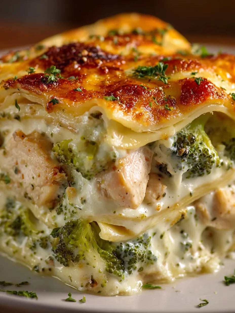 A close up of a chicken and broccoli lasagna.